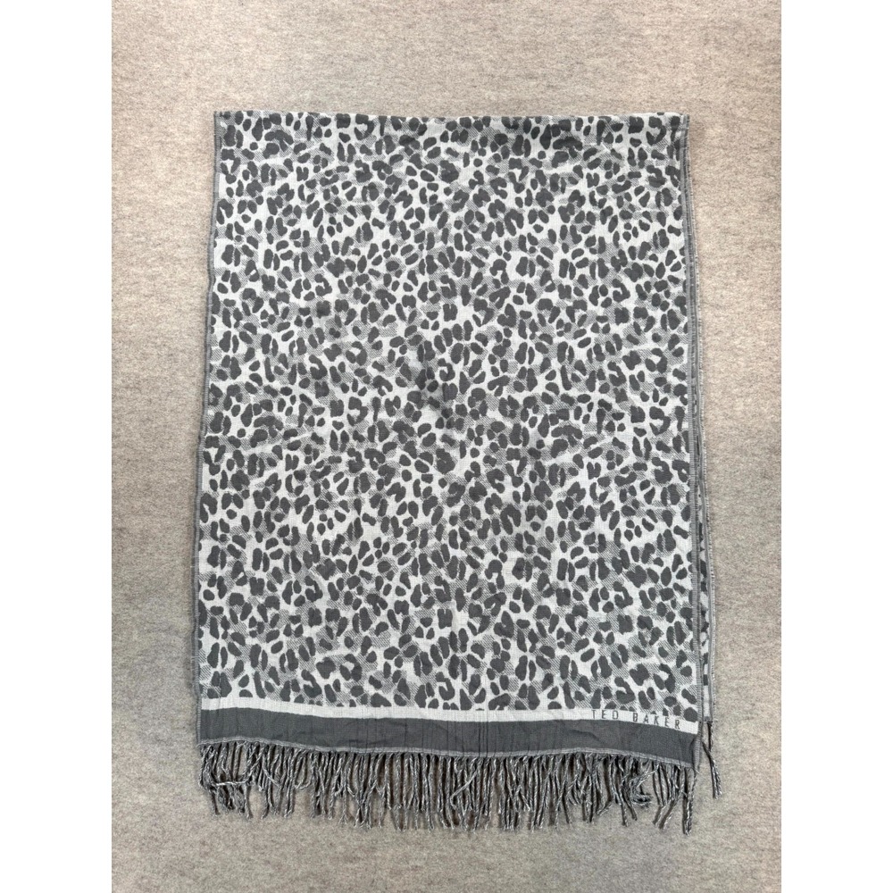 Ted Baker Womens Gray White Leopard Print Fringe Scarf WXV-WINSLEY